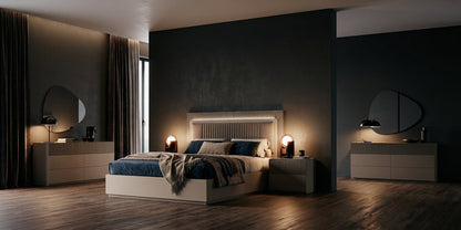 Upholstered Taupe Queen Bedroom Set with Illuminated Headboard and Coordinating Dresser