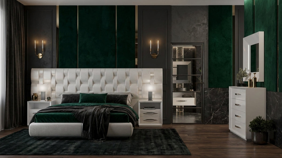 Modern White High-Gloss Queen Bedroom Set with Upholstered Bed Frame and Double Dresser
