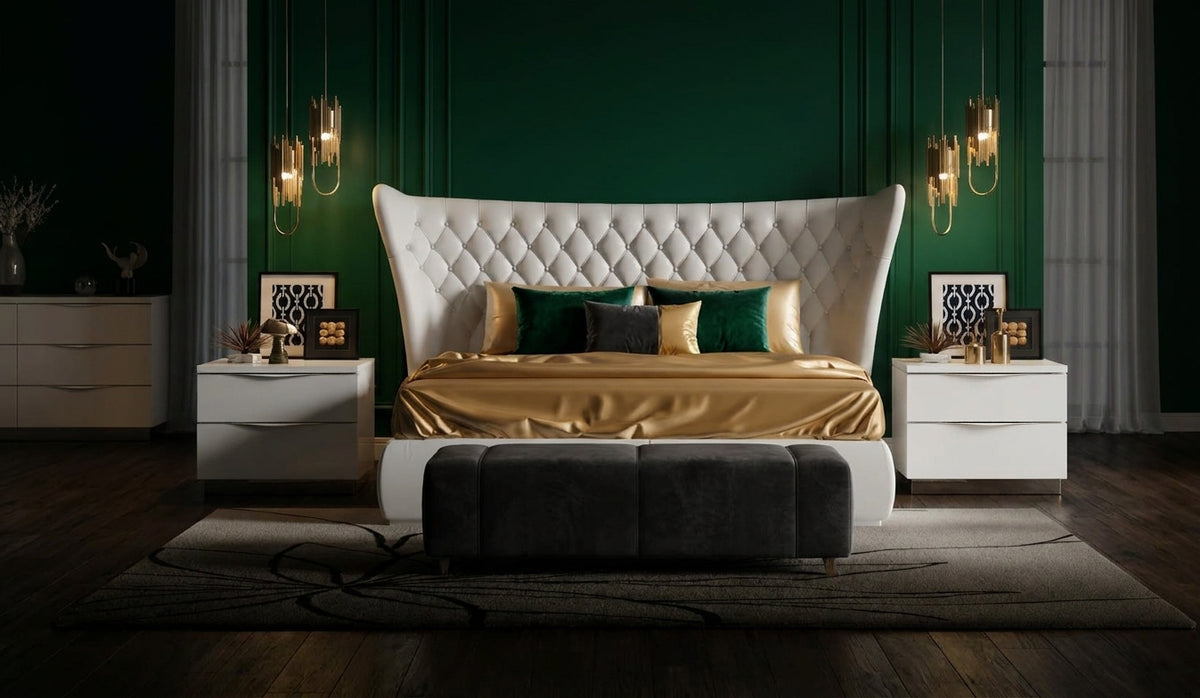 Modern High-Gloss White Bed with Upholstered Headboard and Matching Nightstands