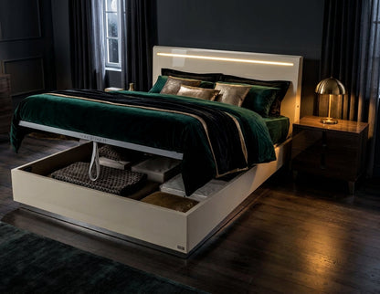 Modern Ivory High-Gloss Queen Bed with Storage Drawer and Integrated Dimmer Lighting