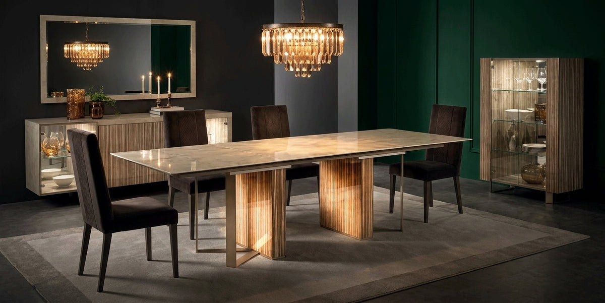 Sleek Ivory Marble-Look Dining Table with Extension Leaf and Matching Buffet