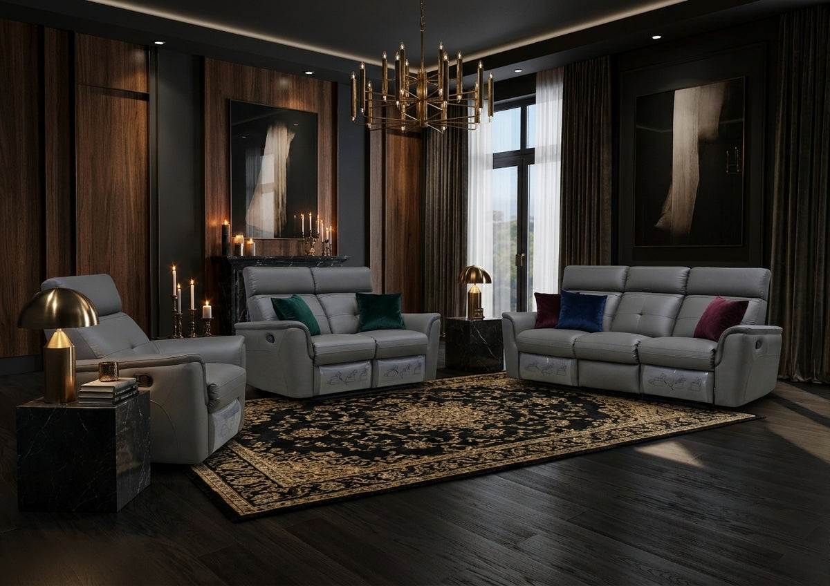 Classic Dark Grey Reclining Living Room Set with Manual Recliners and Italian Leather Upholstery
