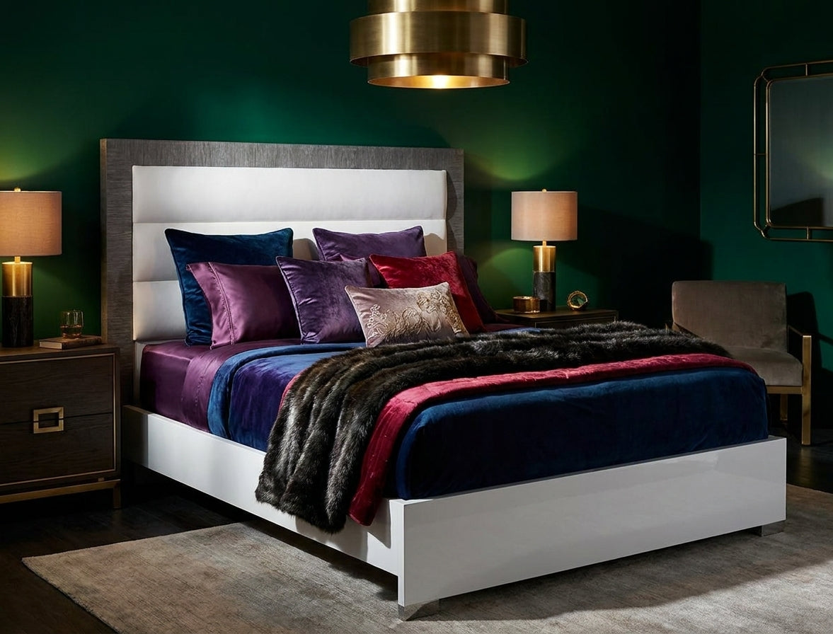 Modern White and Grey Queen Bed with Upholstered Headboard and Wooden Slats Frame