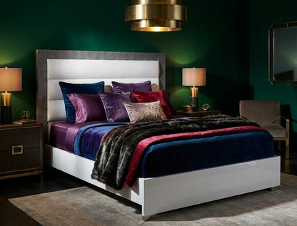 Modern White and Grey Queen Bed with Upholstered Headboard and Wooden Slats Frame