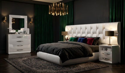 Upholstered White Platform Bed with Matching Nightstands and Dresser