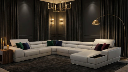 Modern Light Grey Leather Sectional with Adjustable Headrests and Storage Chaise