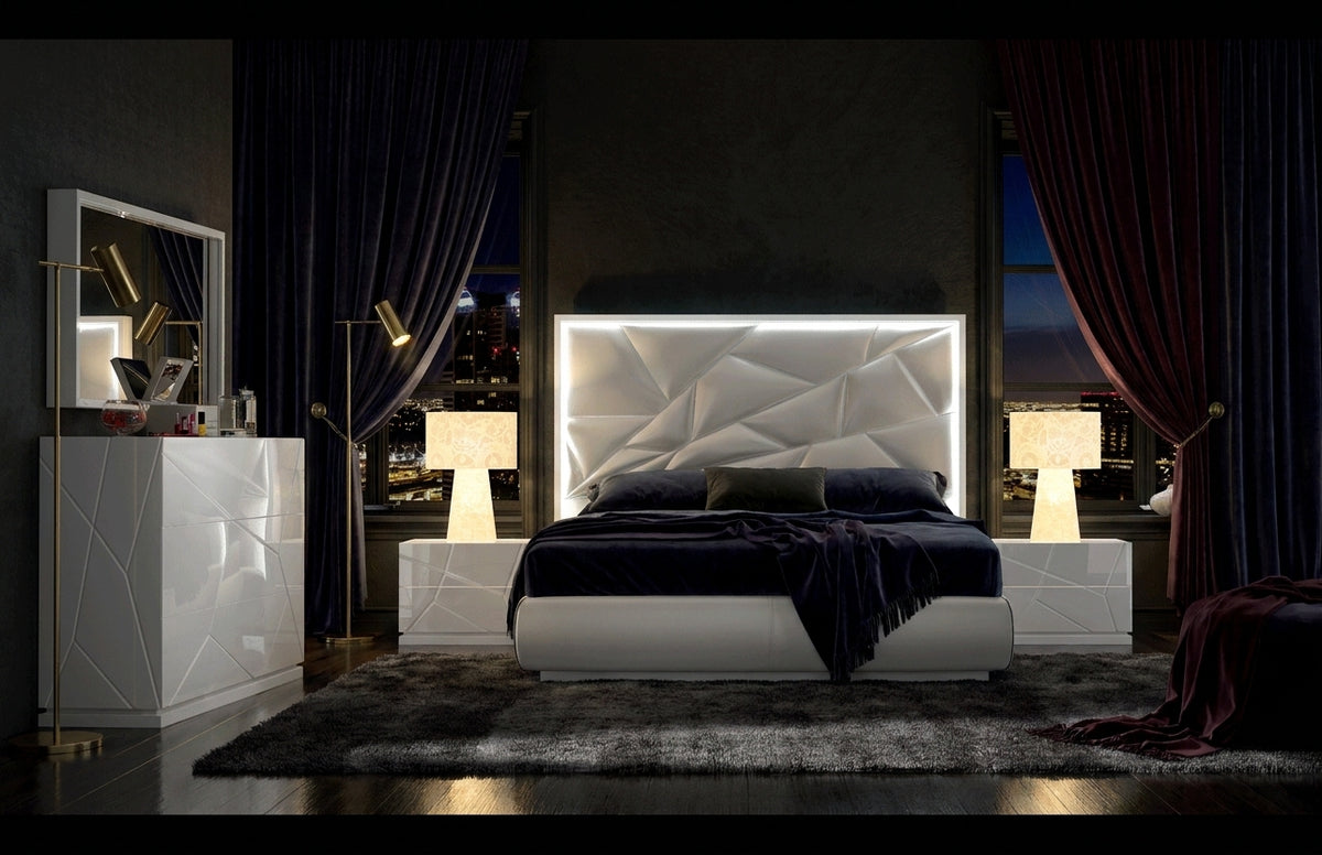 Modern White High-Gloss Bedroom Set with LED Headboard and Dresser Mirror