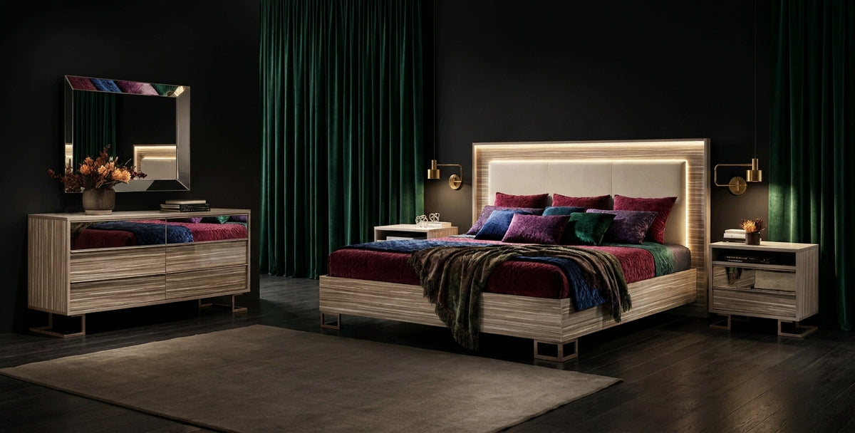 Upholstered Light Wood Queen Bedroom Set with Ambient Lighting and Mirrored Dresser