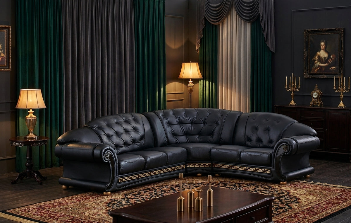 Classic Black Sectional Sofa with Tufted Leather and Medusa Accents