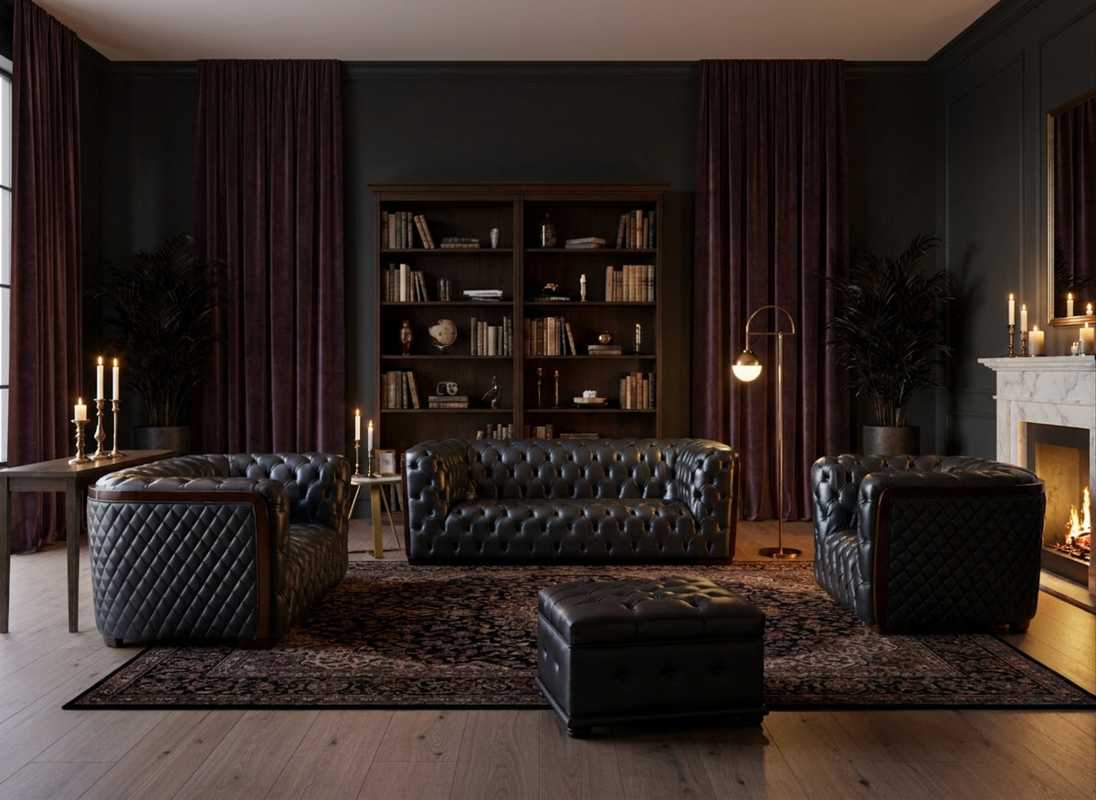 Classic Dark Grey Leather Sofa Set with Deep Tufting and Diamond Stitching
