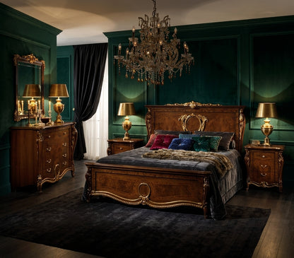 Classic Walnut Queen Bed with Gold Accents and Matching Nightstands