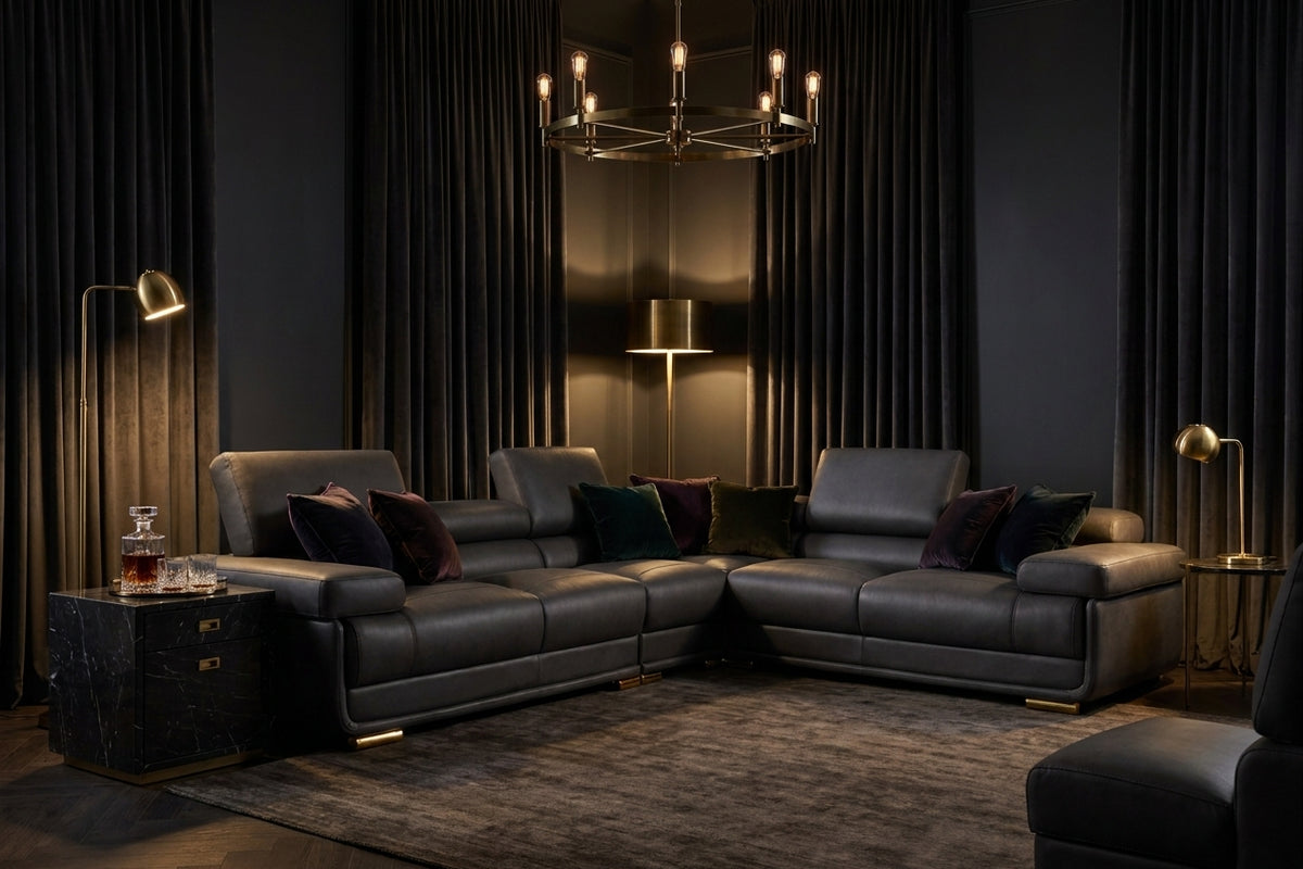 Contemporary Dark Grey Sectional with Adjustable Headrests and Armless Chair