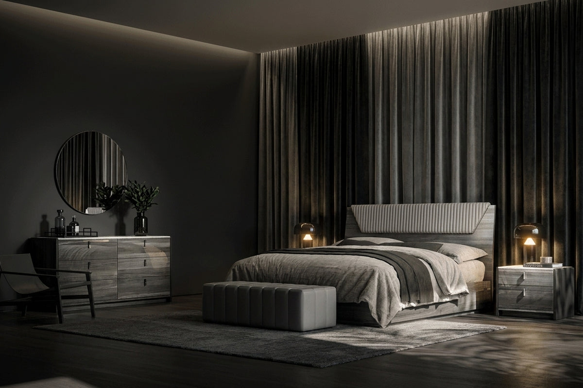Modern Grey Oak King Bedroom Set with Upholstered Headboard and Marble-Effect Top Nightstands