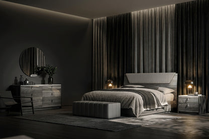 Modern Grey Oak King Bedroom Set with Upholstered Headboard and Marble-Effect Top Nightstands
