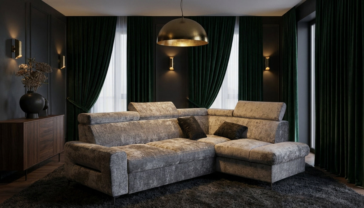 Sleek Grey Sectional Sofa with Pull-Out Bed and Storage Niche