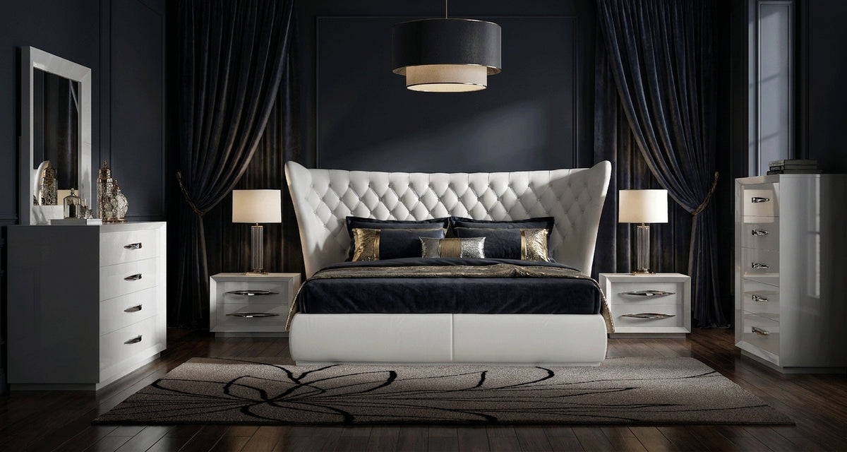Modern White Queen Bedroom Set with Tufted Upholstered Headboard and High-Gloss Finish