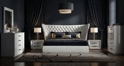 Modern White Queen Bedroom Set with Tufted Upholstered Headboard and High-Gloss Finish