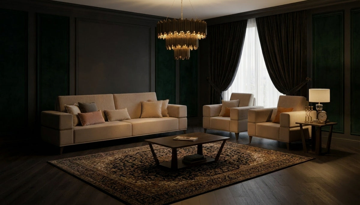 Classic Beige Velvet Sofa and Armchair Set with Wood Coffee Table and Lamp Table