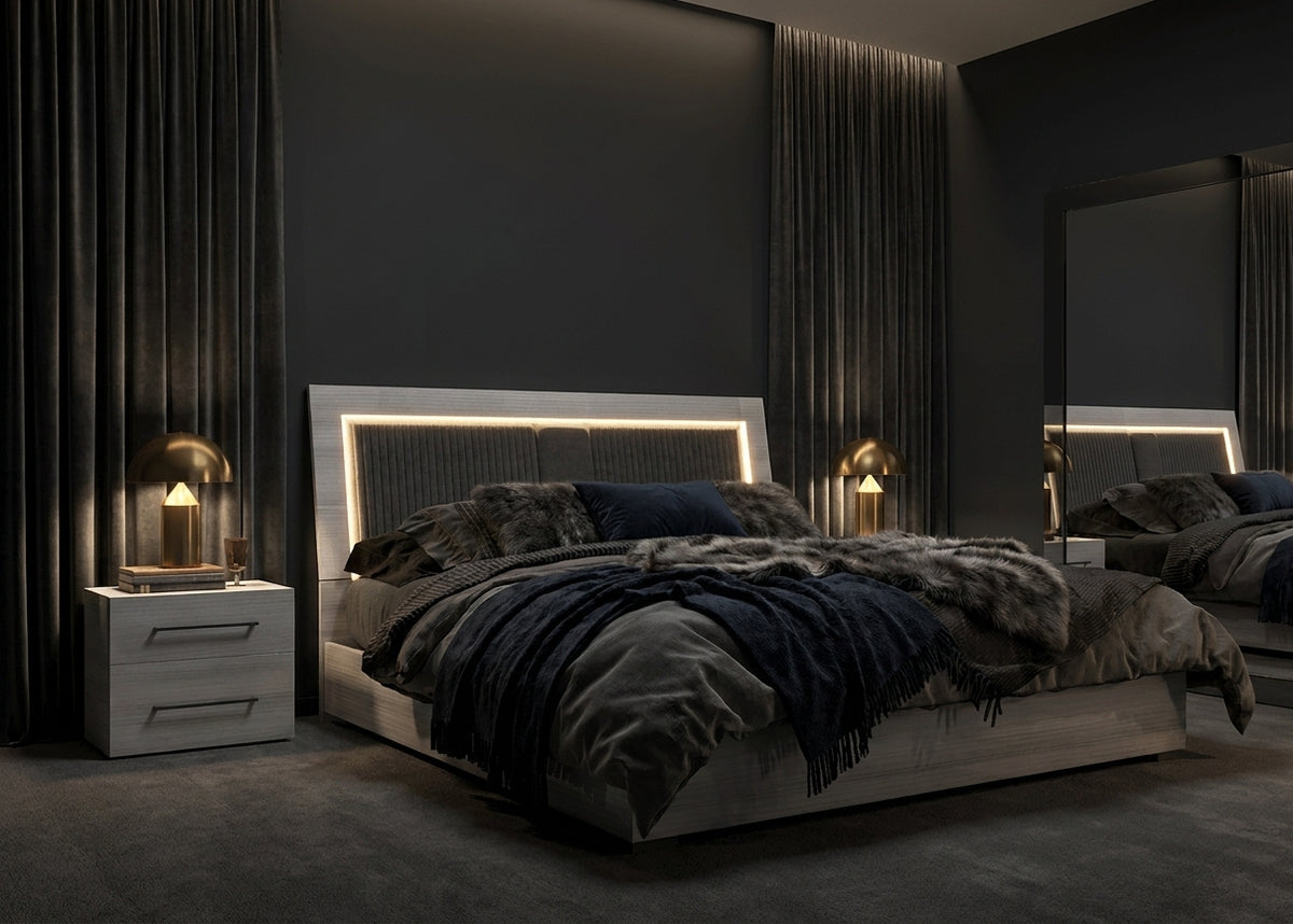 Modern Silver Grey Bedroom Set with Illuminated Upholstered Headboard and Coordinated Storage Pieces