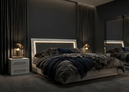 Modern Silver Grey Bedroom Set with Illuminated Upholstered Headboard and Coordinated Storage Pieces
