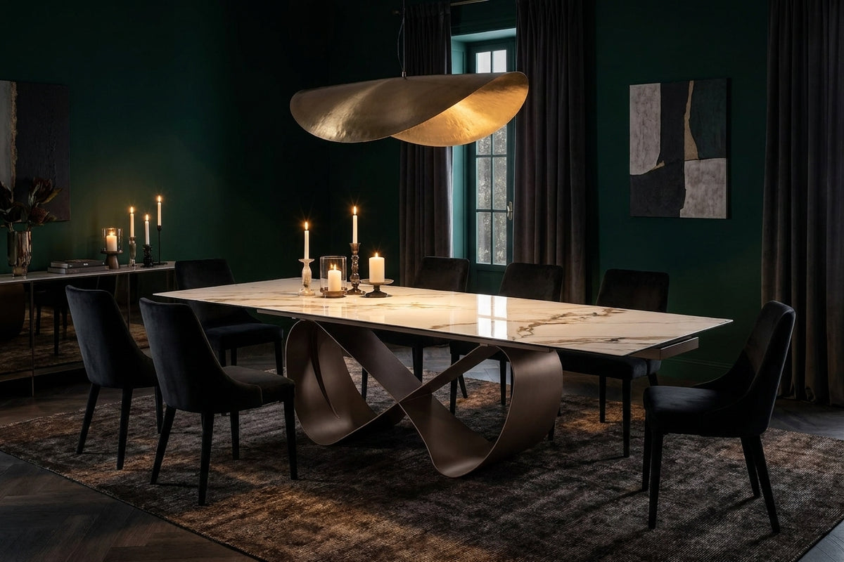 Sleek White Marble-Look Dining Table with Extension Leaves and Sculptural Base