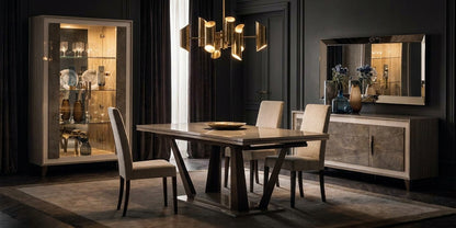 Sleek Glossy Taupe Dining Table with Extension Leaf and Upholstered Chairs