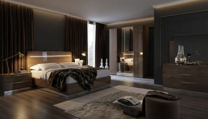 Modern Silver Birch Bed with Integrated Headboard Lighting and Coordinating Dresser