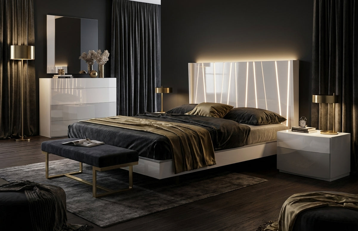 Modern White High-Gloss Queen Bedroom Set with Illuminated Headboard and Mirrored Dresser