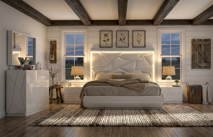 Modern White High-Gloss Bedroom Set with LED Headboard and Dresser Mirror