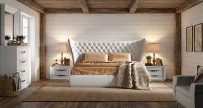 Modern White Queen Bedroom Set with Tufted Upholstered Headboard and High-Gloss Finish