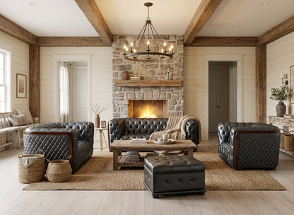 Classic Dark Grey Leather Sofa Set with Deep Tufting and Diamond Stitching