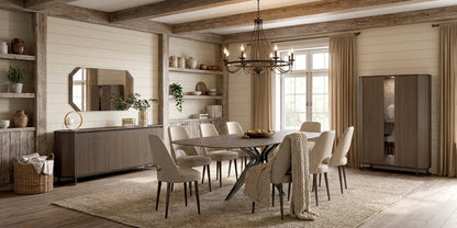 Contemporary Gold Marble Dining Table with Upholstered Chairs and Matching Buffet, Mirror, and Cabinet
