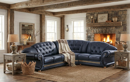 Classic Black Sectional Sofa with Tufted Leather and Medusa Accents