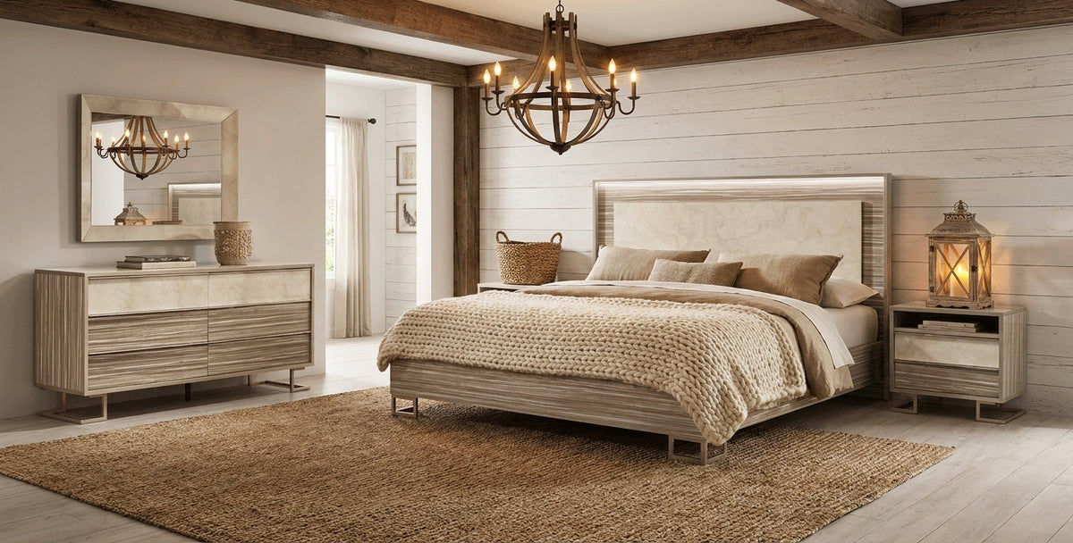 Upholstered Light Wood Queen Bedroom Set with Ambient Lighting and Mirrored Dresser