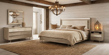 Upholstered Light Wood Queen Bedroom Set with Ambient Lighting and Mirrored Dresser