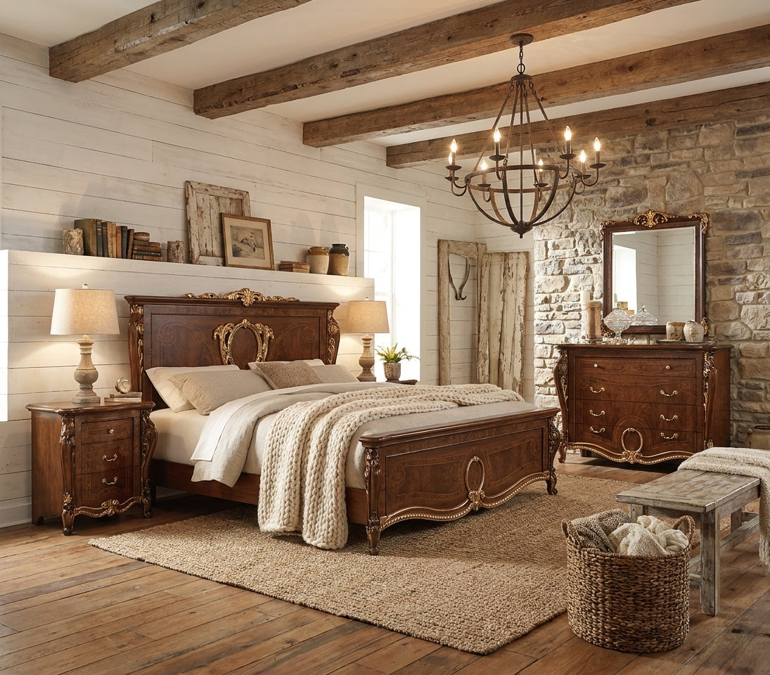 Classic Walnut Queen Bed with Gold Accents and Matching Nightstands