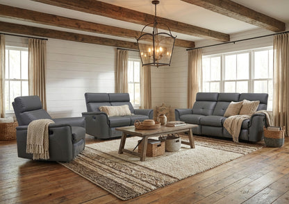 Classic Dark Grey Reclining Living Room Set with Manual Recliners and Italian Leather Upholstery