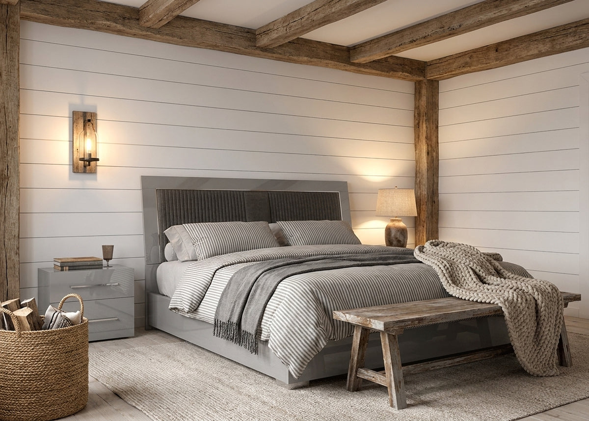 Modern Silver Grey Bedroom Set with Illuminated Upholstered Headboard and Coordinated Storage Pieces