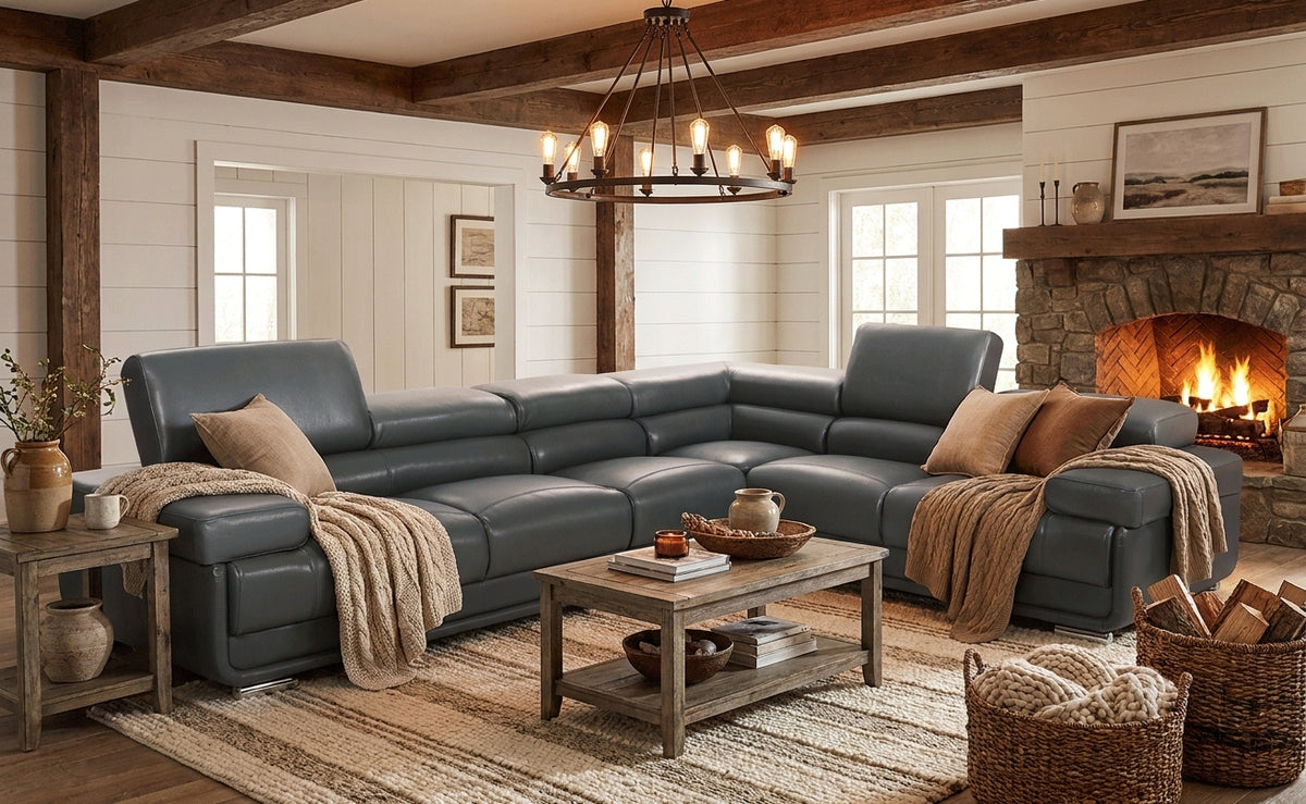 Classic Dark Grey Sectional with Adjustable Headrests and Reversible Accent Chair