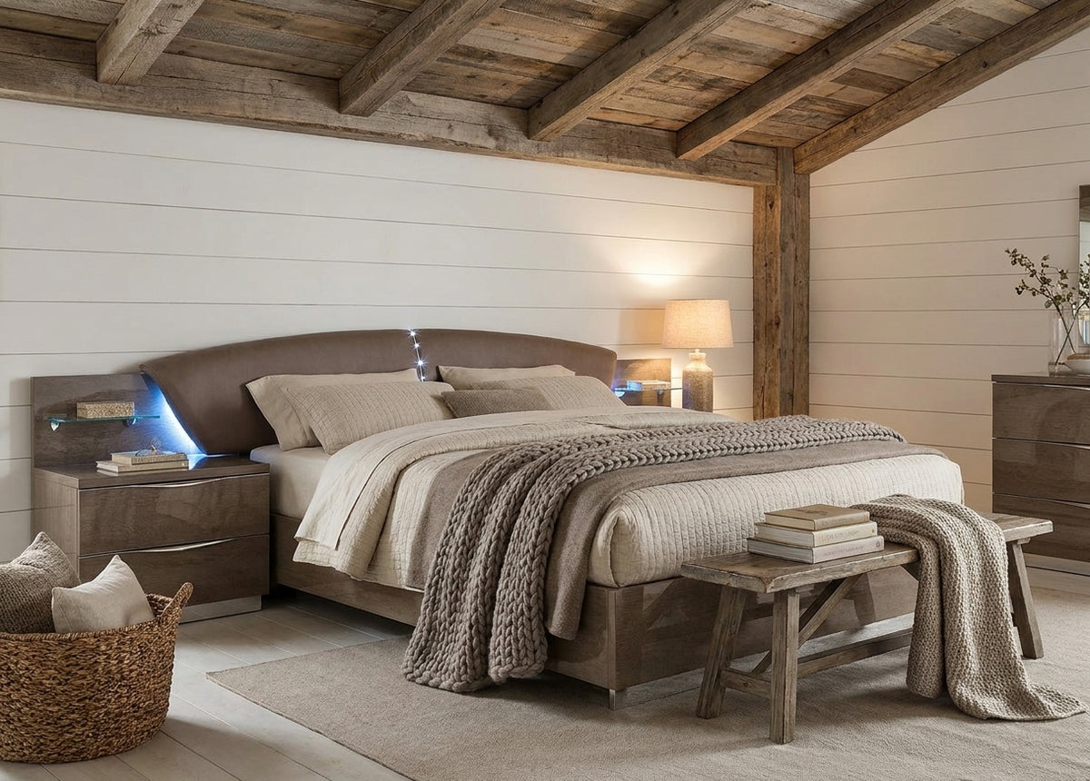 Modern Silver Birch Platform Bed with Upholstered Headboard and Lift Storage