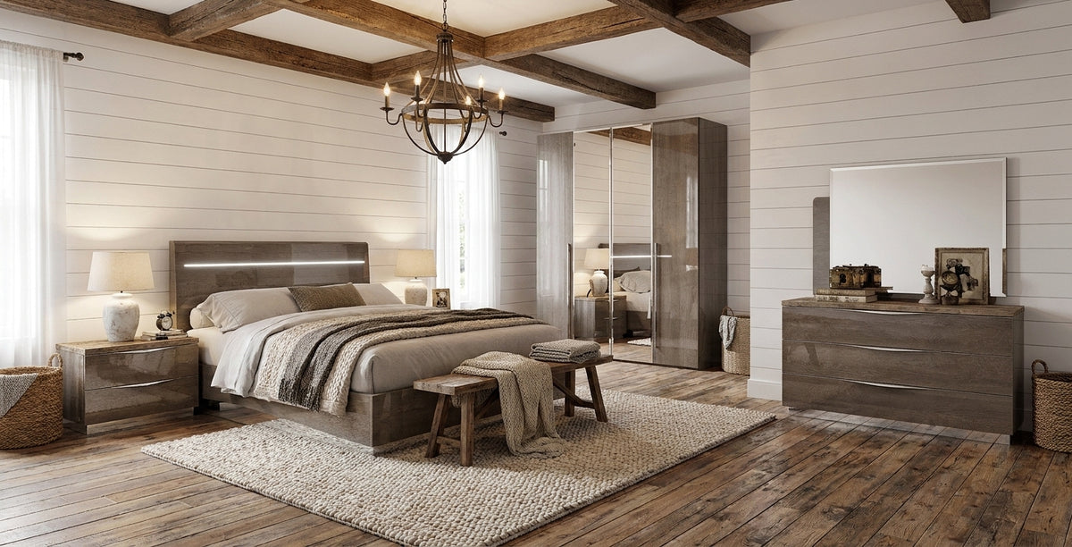 Sleek Silver Birch Bedroom Set with Integrated Headboard Lighting and Mirrored Wardrobe