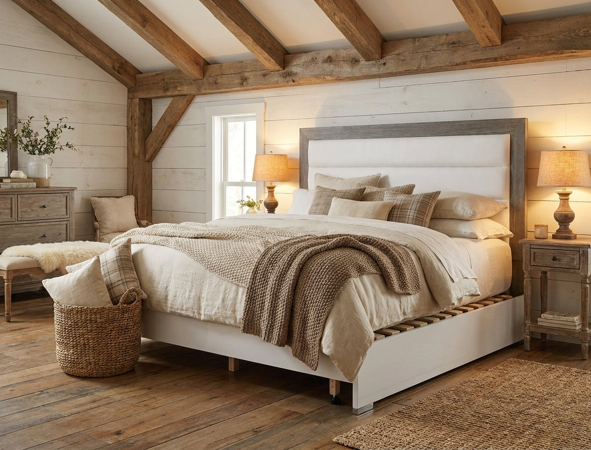 Modern White and Grey Queen Bed with Upholstered Headboard and Wooden Slats Frame