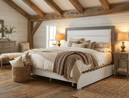 Modern White and Grey Queen Bed with Upholstered Headboard and Wooden Slats Frame