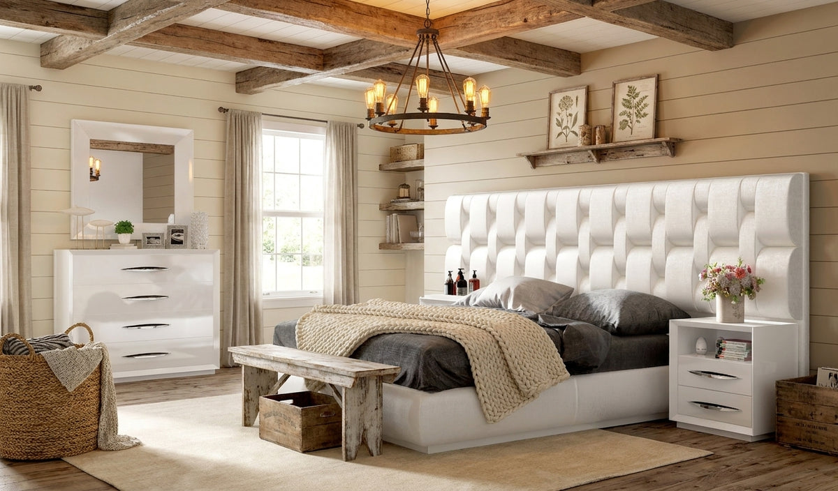 Upholstered White Platform Bed with Matching Nightstands and Dresser