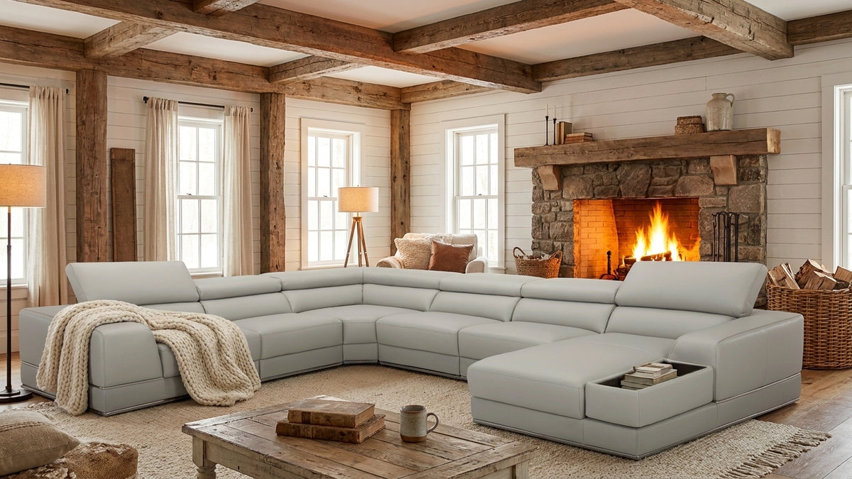 Modern Light Grey Leather Sectional with Adjustable Headrests and Storage Chaise