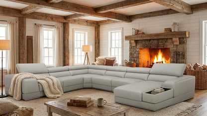 Modern Light Grey Leather Sectional with Adjustable Headrests and Storage Chaise