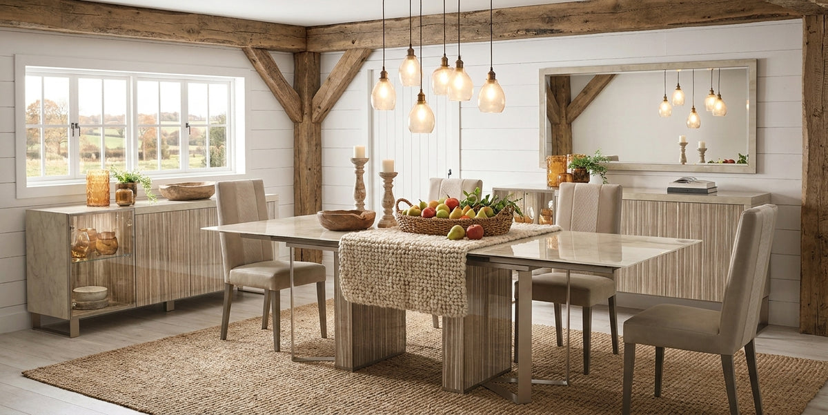 Sleek Ivory Marble-Look Dining Table with Extension Leaf and Matching Buffet