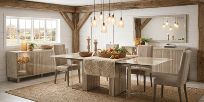 Sleek Ivory Marble-Look Dining Table with Extension Leaf and Matching Buffet