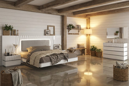 Contemporary White Platform Bedroom Set with Lighted Headboard and Mirrored Dresser