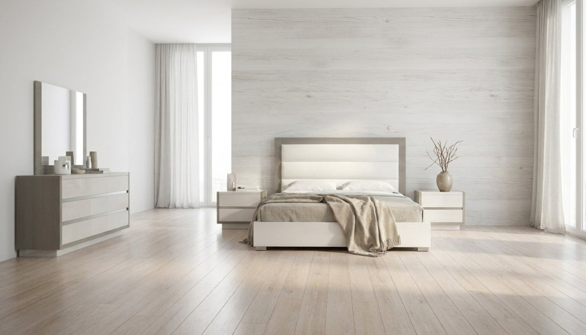 Modern White and Brownish-Grey Queen Bedroom Set with High-Gloss Finish and Upholstered Headboard